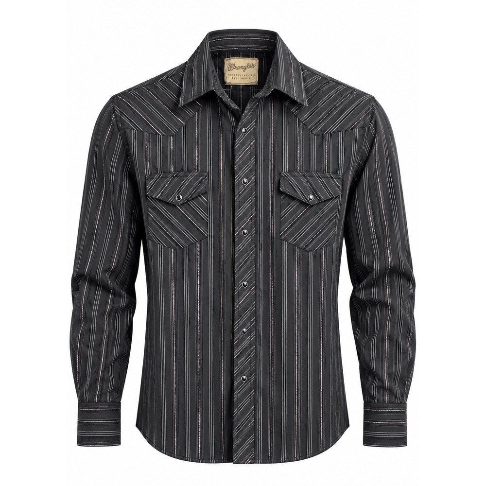 Wrangler Men's Western Snap Shirt Black Striped Pearl Snap Cowboy Long Sleeve L